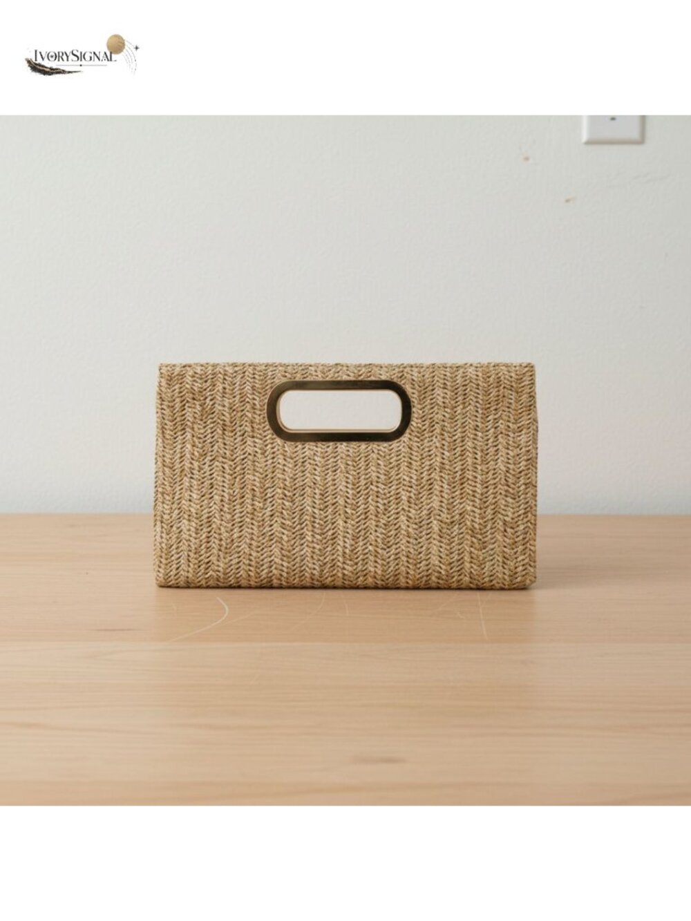JNB Woven Raffia Straw Top Handle Clutch with Gold Tone Chain Strap